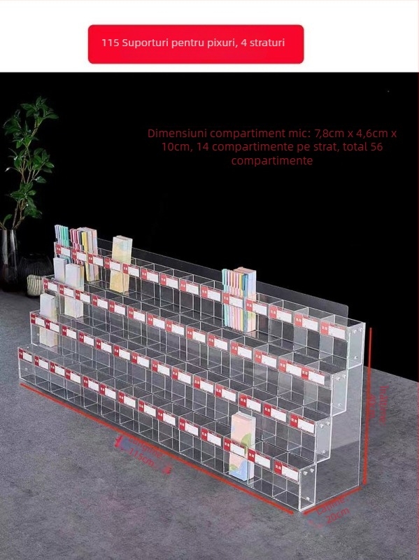 Raft de expunere pentru pixuri și markere, acrilic, pagodă cu mai multe niveluri, formă pătrată, Geddes