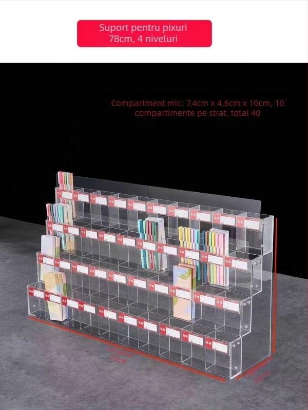 Raft de expunere pentru pixuri și markere, acrilic, pagodă cu mai multe niveluri, formă pătrată, Geddes