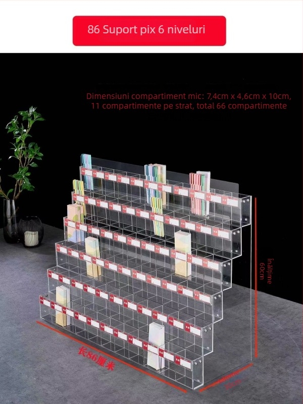 Raft de expunere pentru pixuri și markere, acrilic, pagodă cu mai multe niveluri, formă pătrată, Geddes