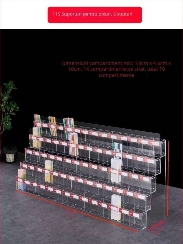 Raft de expunere pentru pixuri și markere, acrilic, pagodă cu mai multe niveluri, formă pătrată, Geddes