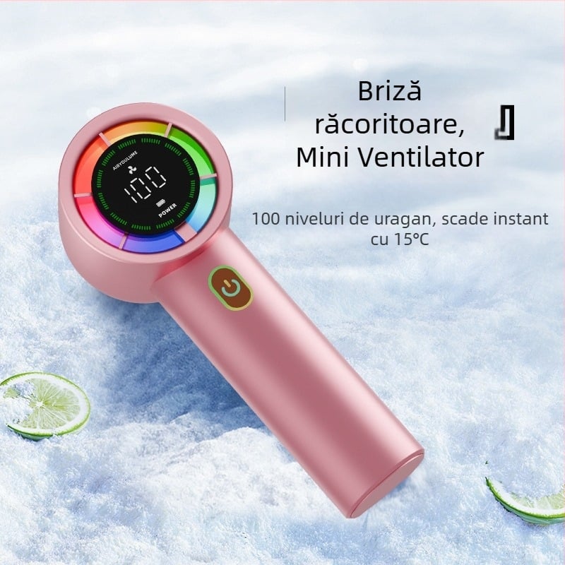 Ventilator de mână cu baterie încorporată (2000-4000 mAh), USB reîncărcabil, 5V 5W, 6 trepte de viteză, zgomot sub 36 dB