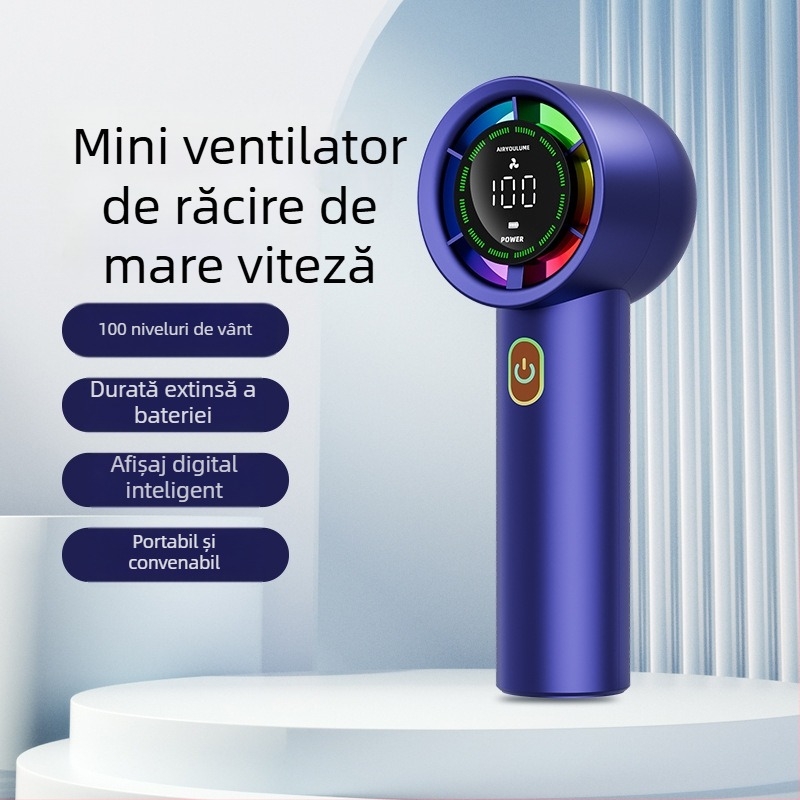 Ventilator de mână cu baterie încorporată (2000-4000 mAh), USB reîncărcabil, 5V 5W, 6 trepte de viteză, zgomot sub 36 dB