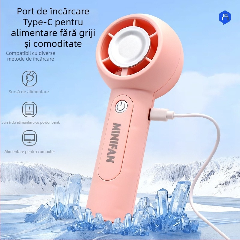 Ventilator portabil cu USB, reîncărcabil, 5V 2.5W, 3 trepte de viteză, baterie încorporată 300–500 mAh