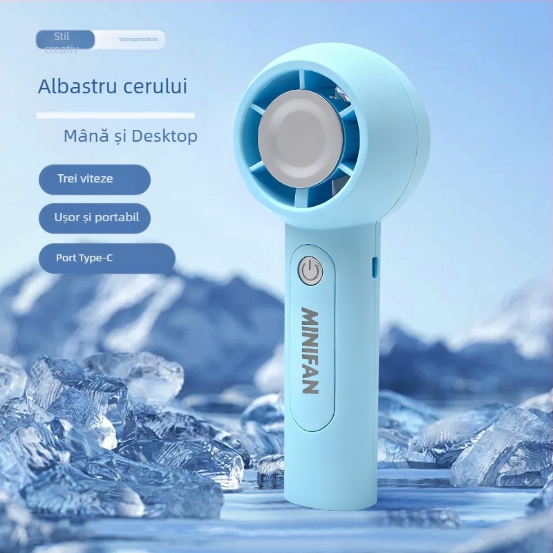 Ventilator portabil cu USB, reîncărcabil, 5V 2.5W, 3 trepte de viteză, baterie încorporată 300–500 mAh