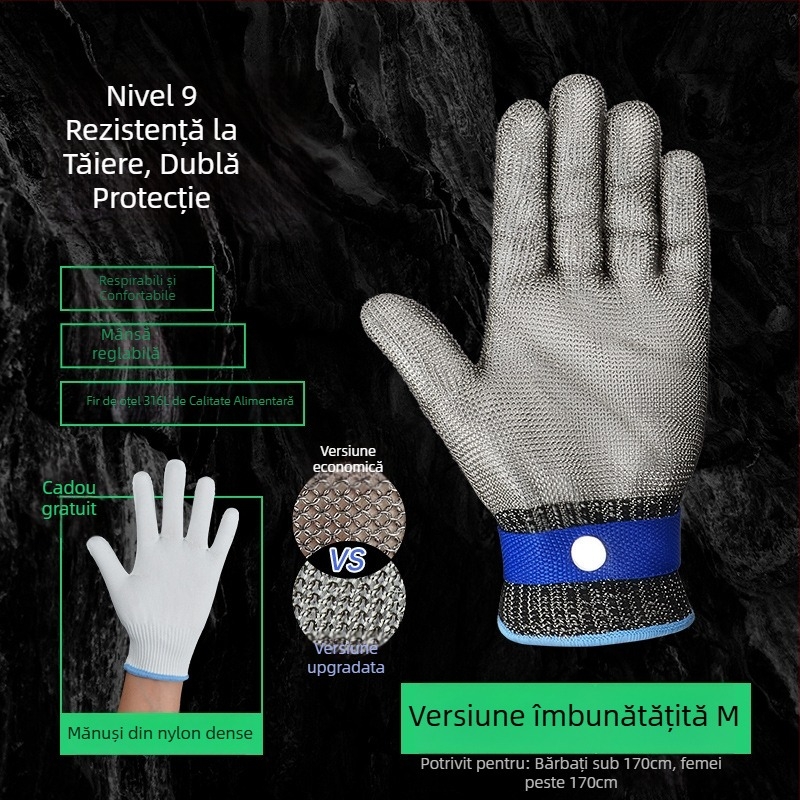 Mănuși rezistente la tăiere nivel 9, cinci degete din oțel inox 316L pentru muncă