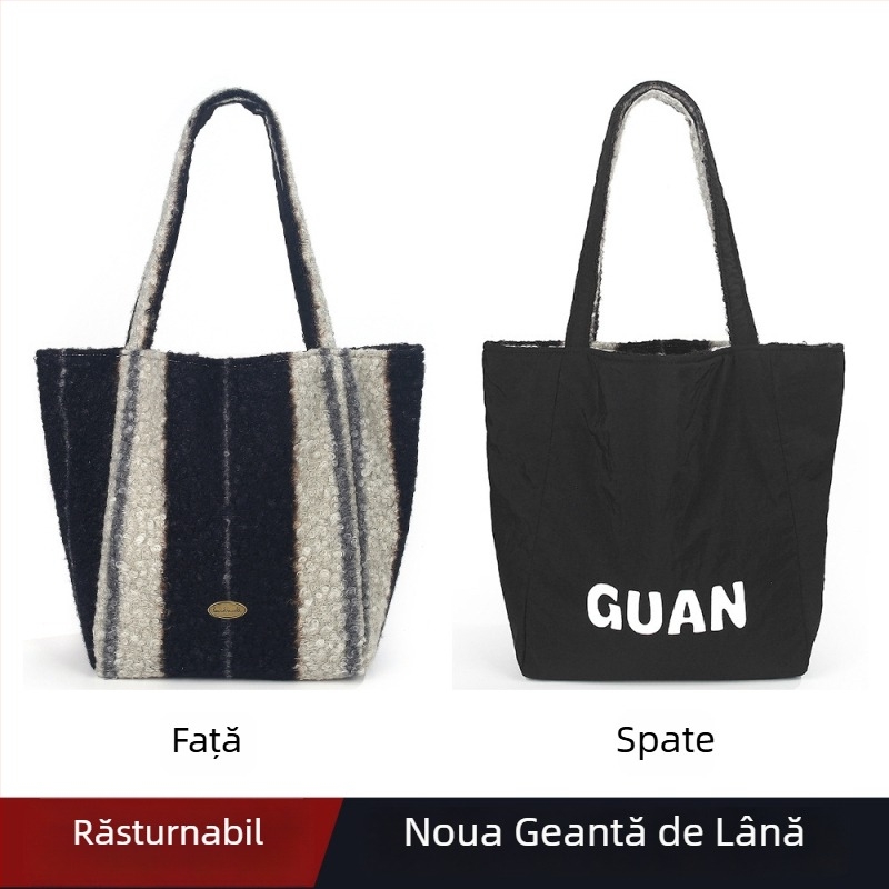 Geantă Tote din pluș reversibilă, stil subraț, formă verticală pătrată, închidere cu lacăt, buzunar interior cu fermoar