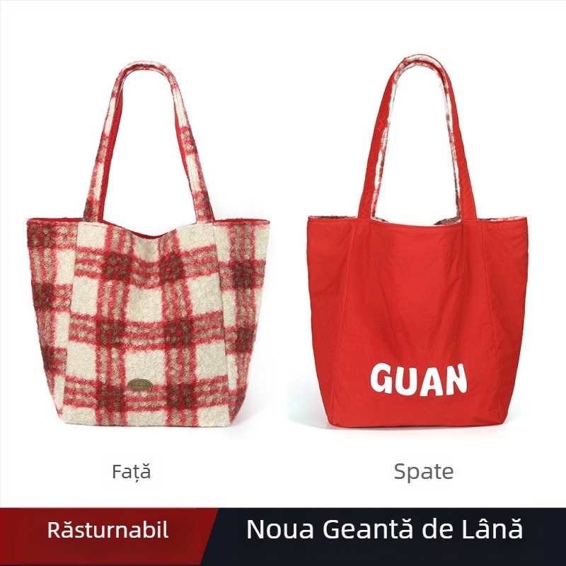 Geantă Tote din pluș reversibilă, stil subraț, formă verticală pătrată, închidere cu lacăt, buzunar interior cu fermoar