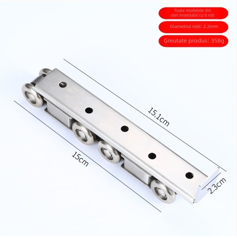 Rulment pentru ușă glisantă interioară, material: oțel inoxidabil / aliaj zincat, diametru exterior 22 mm, diametru ax 20 mm, rază a canelurii pentru frânghie 10.5 mm, sarcină maximă 10 kg pe roată, variante 4/6/8/12 role