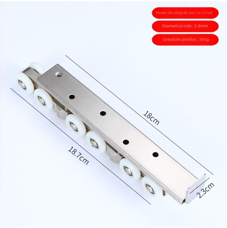 Rulment pentru ușă glisantă interioară, material: oțel inoxidabil / aliaj zincat, diametru exterior 22 mm, diametru ax 20 mm, rază a canelurii pentru frânghie 10.5 mm, sarcină maximă 10 kg pe roată, variante 4/6/8/12 role