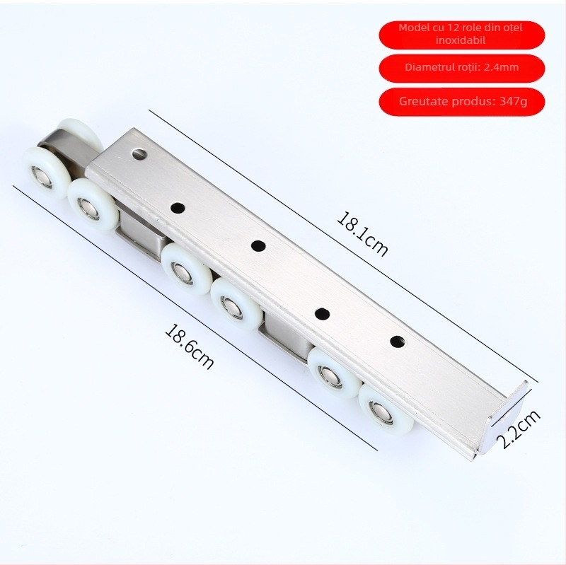 Rulment pentru ușă glisantă interioară, material: oțel inoxidabil / aliaj zincat, diametru exterior 22 mm, diametru ax 20 mm, rază a canelurii pentru frânghie 10.5 mm, sarcină maximă 10 kg pe roată, variante 4/6/8/12 role