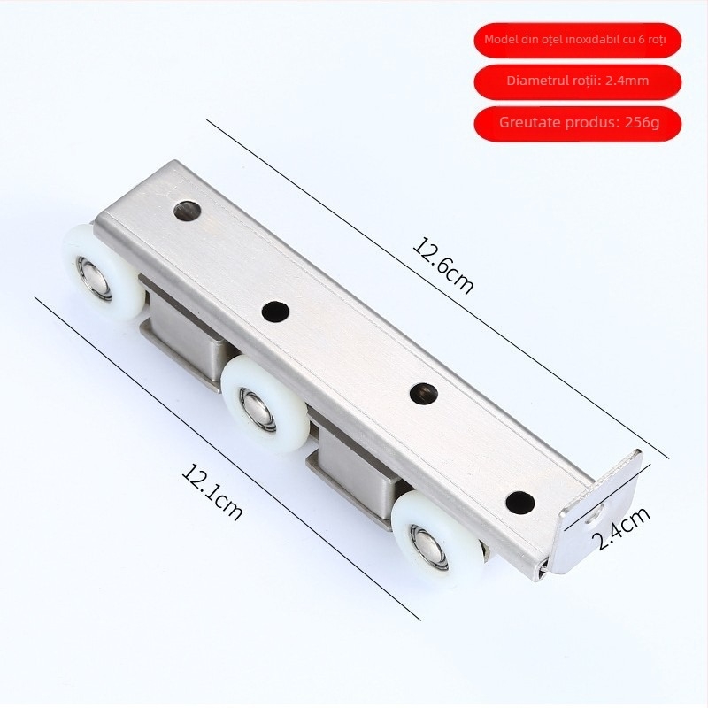 Rulment pentru ușă glisantă interioară, material: oțel inoxidabil / aliaj zincat, diametru exterior 22 mm, diametru ax 20 mm, rază a canelurii pentru frânghie 10.5 mm, sarcină maximă 10 kg pe roată, variante 4/6/8/12 role