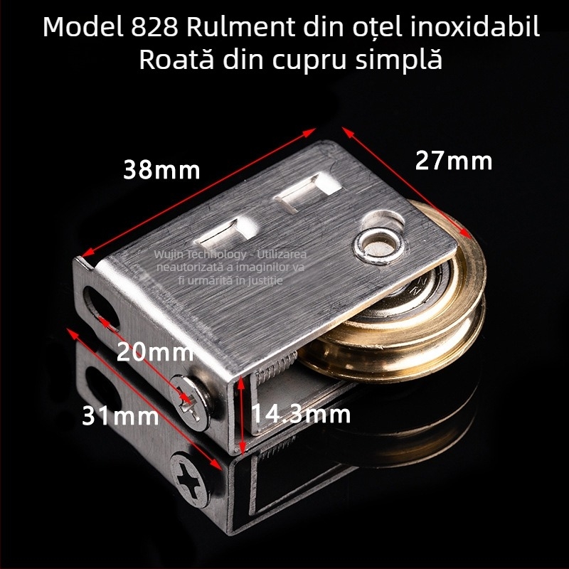 Rola pentru uși glisante (rola inferioară) tip 828, oțel inoxidabil, diametru exterior 28 mm, diametru ax 14,4 mm, sarcină maximă 50 kg, pentru uși și ferestre din aluminiu