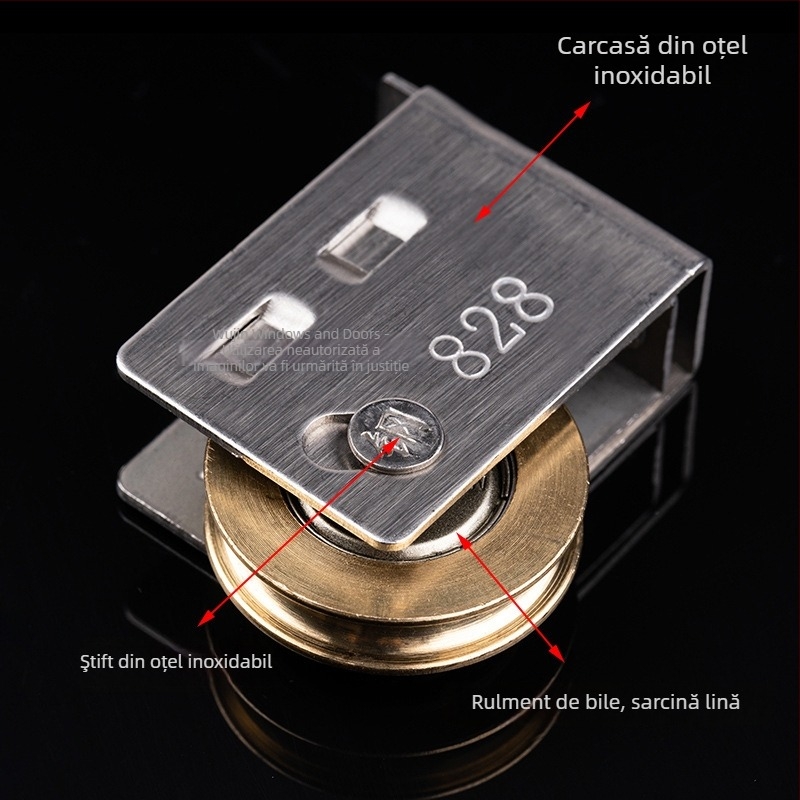 Rola pentru uși glisante (rola inferioară) tip 828, oțel inoxidabil, diametru exterior 28 mm, diametru ax 14,4 mm, sarcină maximă 50 kg, pentru uși și ferestre din aluminiu