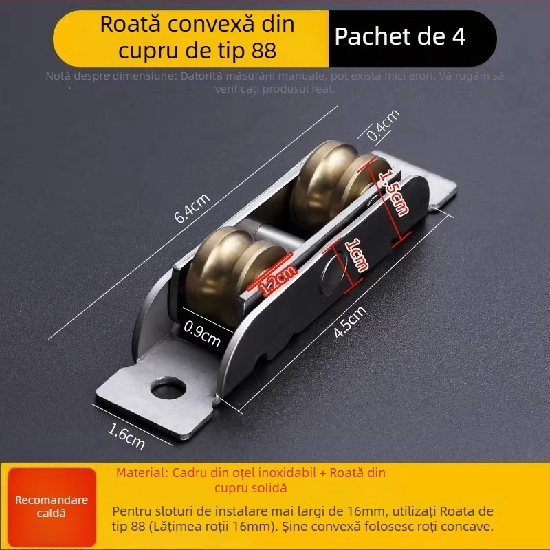 Rulă pentru uși și ferestre, corp din oțel inoxidabil și roată din cupru, grosimea peretelui 1,8 mm, model Plastic steel door and window pulleys