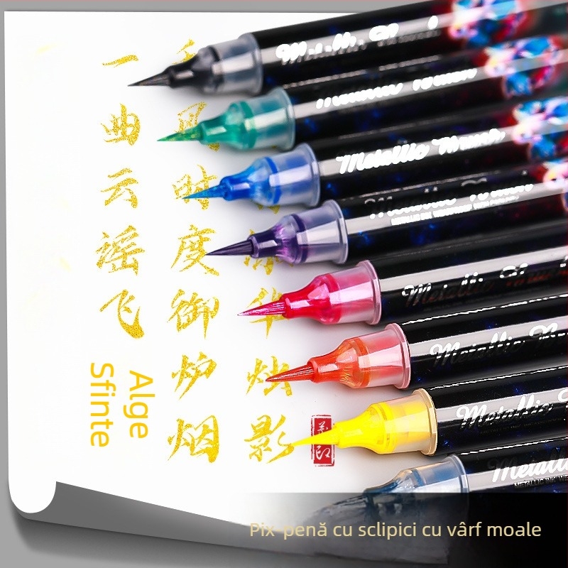 Marker acrilic cu sclipici, dublu vârf, vârf moale de acuarelă, vârf rotund, non-erasabil, pentru elevi și jurnalizare