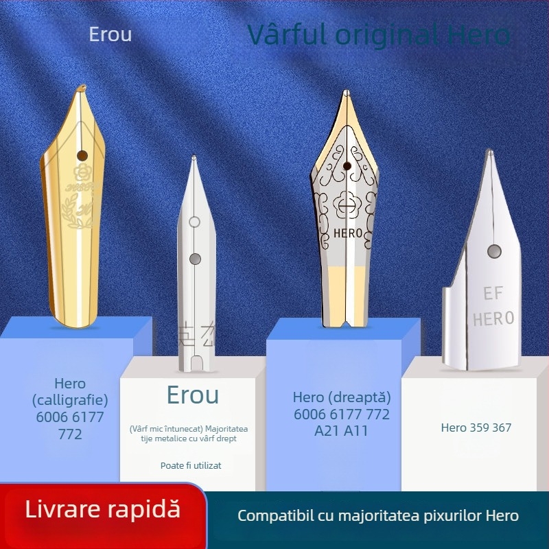 Vârf de penă Hero EF pentru stilou — Vârf înlocuibil, metalic, compatibil cu 359, 1060, 1021, 6006; pachet 10 bucăți