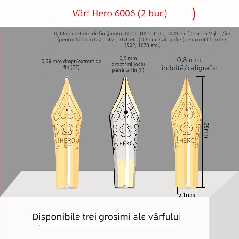 Vârf de penă Hero EF pentru stilou — Vârf înlocuibil, metalic, compatibil cu 359, 1060, 1021, 6006; pachet 10 bucăți