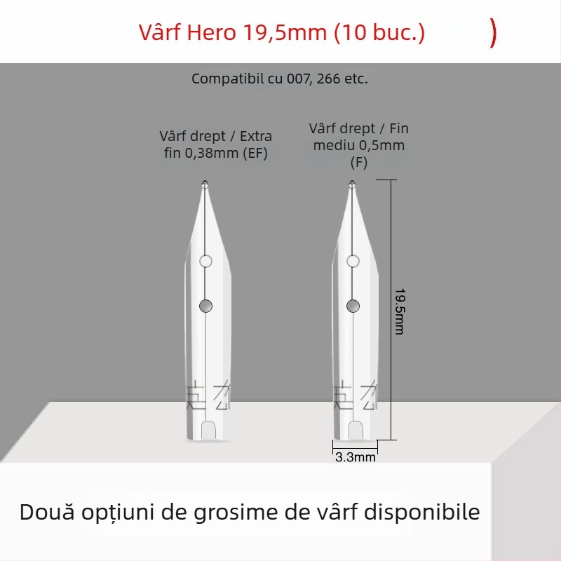 Vârf de penă Hero EF pentru stilou — Vârf înlocuibil, metalic, compatibil cu 359, 1060, 1021, 6006; pachet 10 bucăți