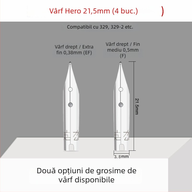 Vârf de penă Hero EF pentru stilou — Vârf înlocuibil, metalic, compatibil cu 359, 1060, 1021, 6006; pachet 10 bucăți