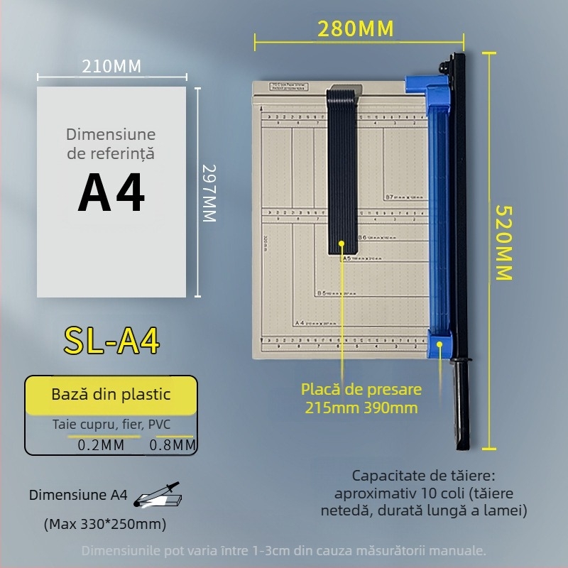 Tăietor de hârtie manual, A3/A4/B5, oțel inoxidabil, pentru birou și uz casnic, pentru fotografii și documente