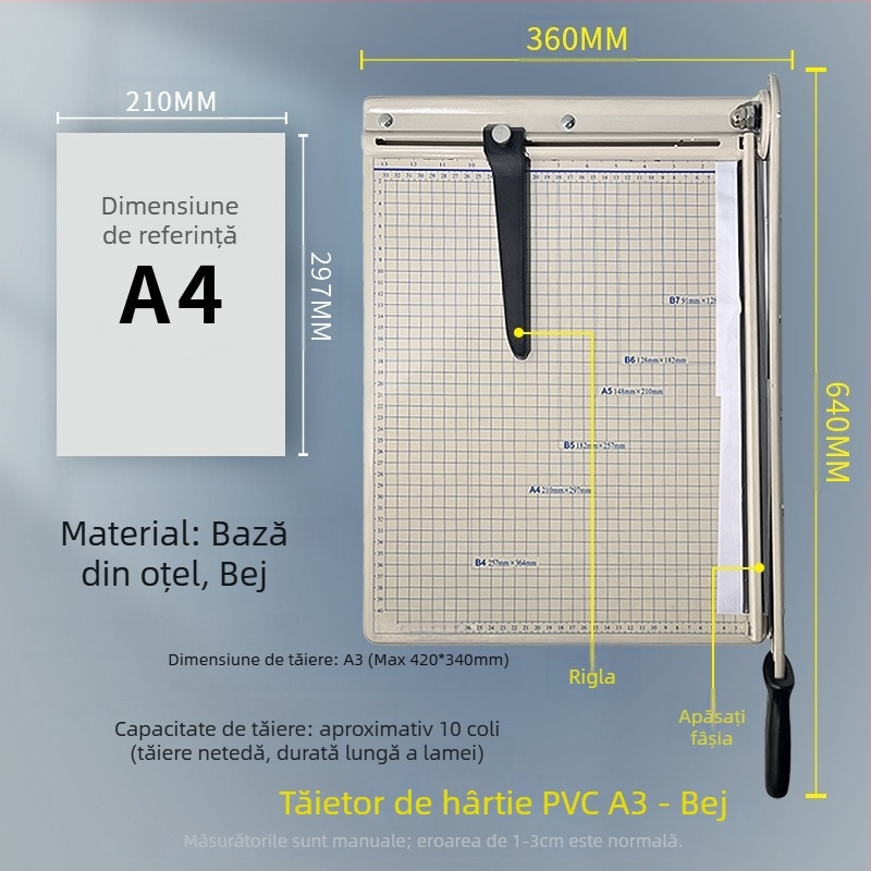 Tăietor de hârtie manual, A3/A4/B5, oțel inoxidabil, pentru birou și uz casnic, pentru fotografii și documente