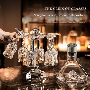 Set de pahare de vin din cristal cu decantator, 6 piese, marca Green Apple, stil lux ușor-retro, cu suport pentru pahare