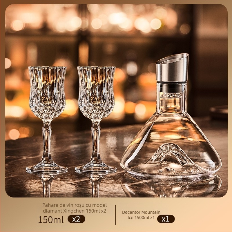 Set de pahare de vin din cristal cu decantator, 6 piese, marca Green Apple, stil lux ușor-retro, cu suport pentru pahare