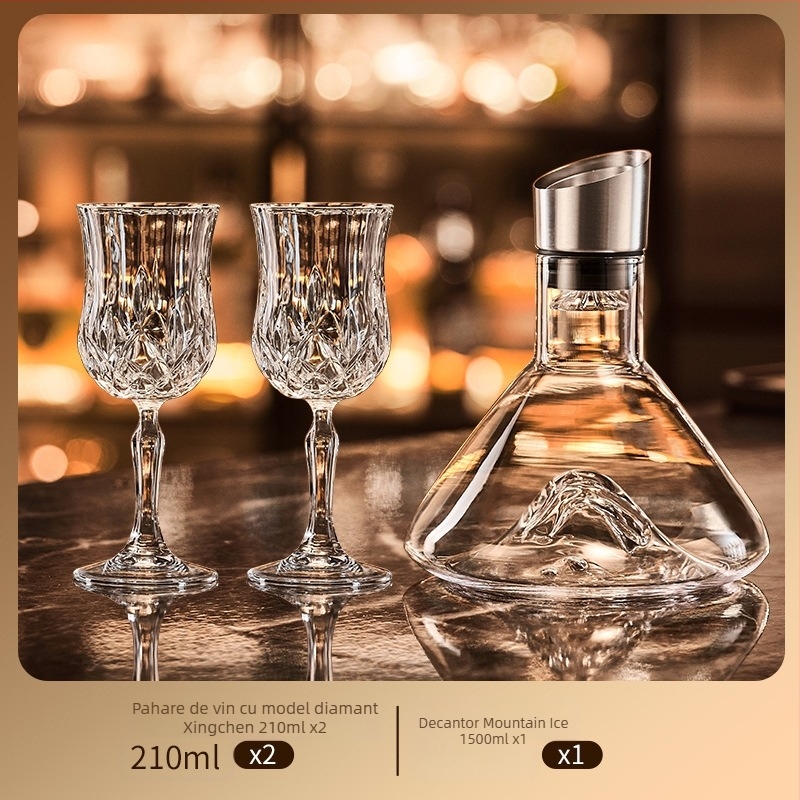 Set de pahare de vin din cristal cu decantator, 6 piese, marca Green Apple, stil lux ușor-retro, cu suport pentru pahare