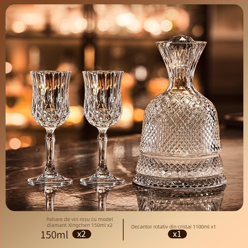 Set de pahare de vin din cristal cu decantator, 6 piese, marca Green Apple, stil lux ușor-retro, cu suport pentru pahare