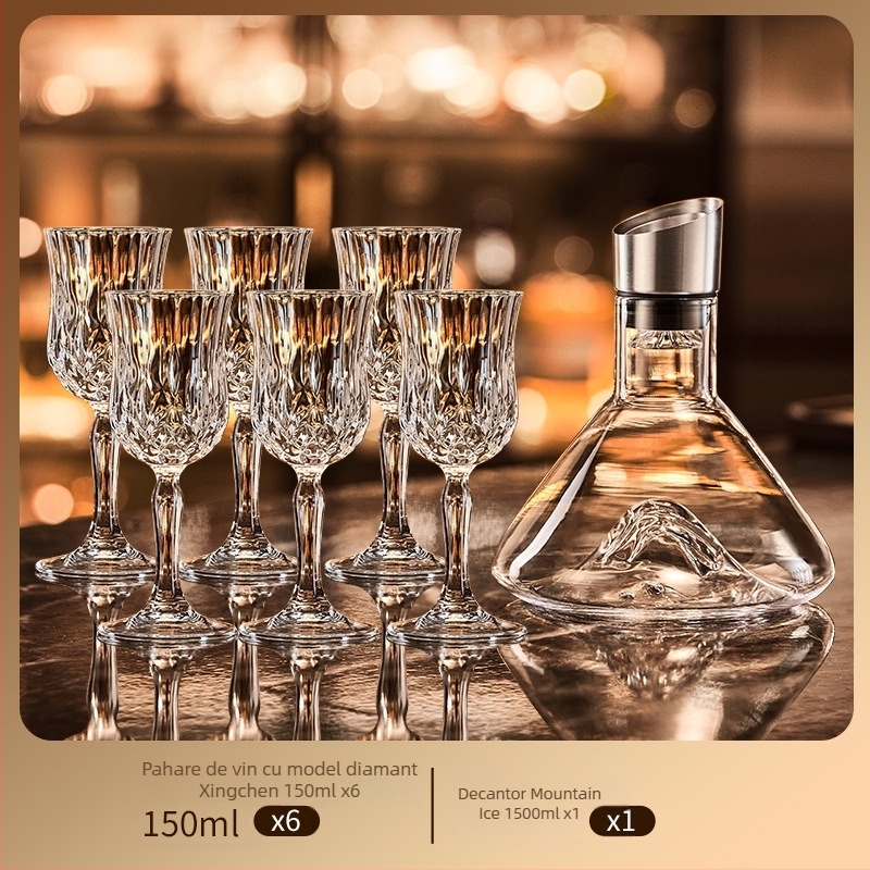 Set de pahare de vin din cristal cu decantator, 6 piese, marca Green Apple, stil lux ușor-retro, cu suport pentru pahare