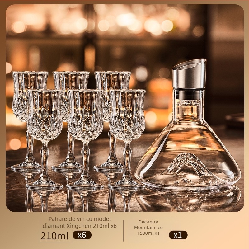 Set de pahare de vin din cristal cu decantator, 6 piese, marca Green Apple, stil lux ușor-retro, cu suport pentru pahare