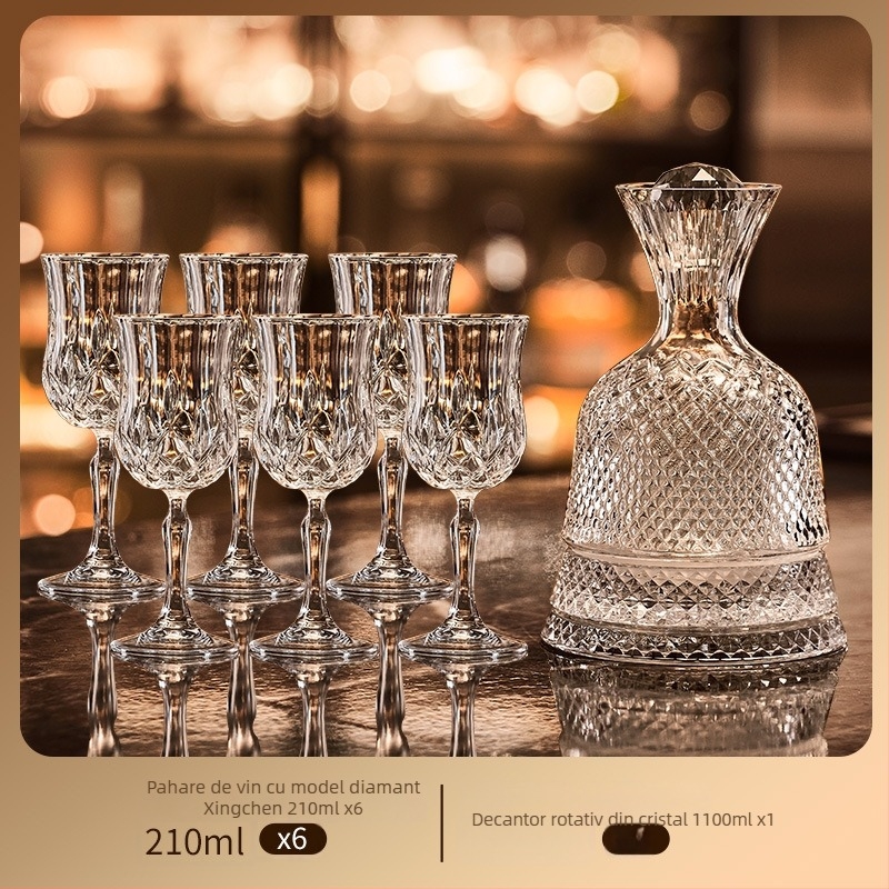 Set de pahare de vin din cristal cu decantator, 6 piese, marca Green Apple, stil lux ușor-retro, cu suport pentru pahare
