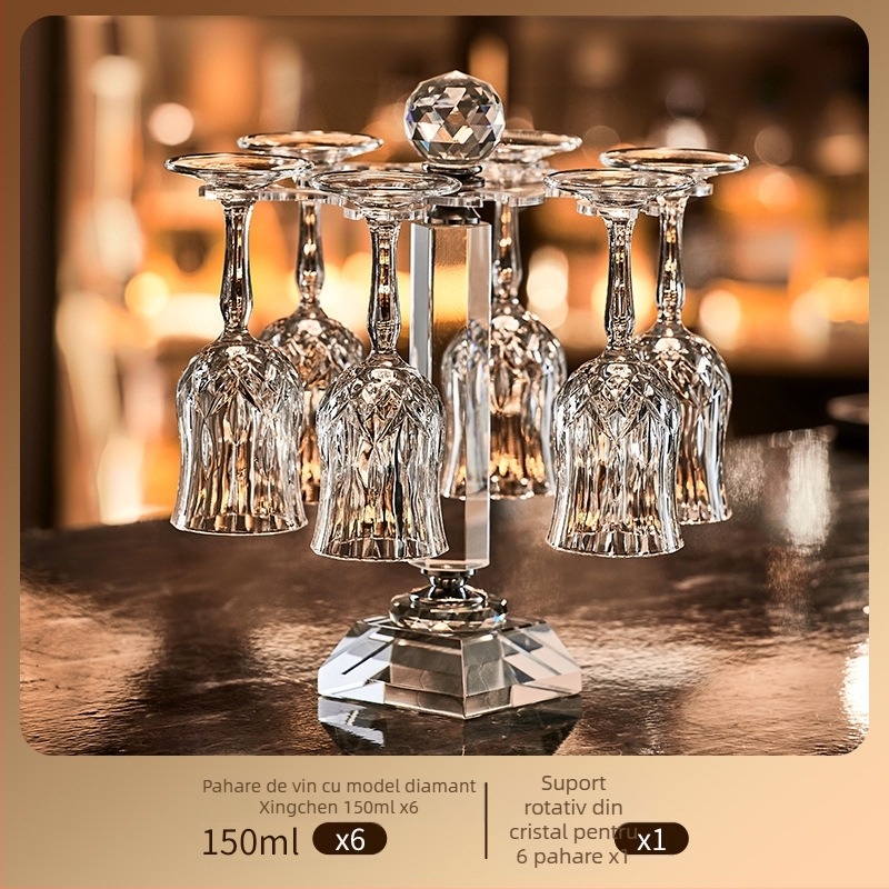 Set de pahare de vin din cristal cu decantator, 6 piese, marca Green Apple, stil lux ușor-retro, cu suport pentru pahare