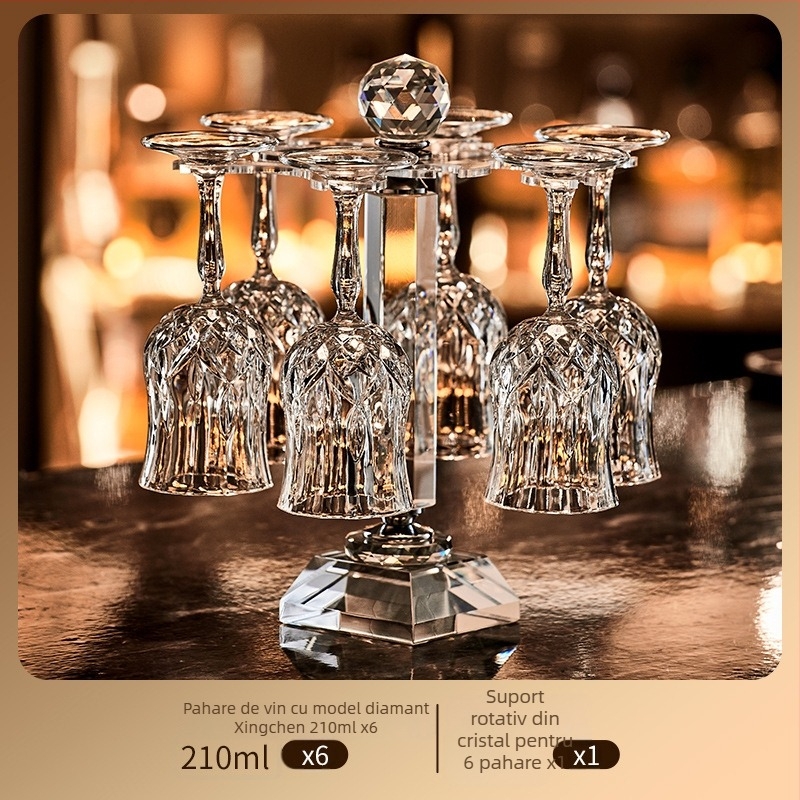 Set de pahare de vin din cristal cu decantator, 6 piese, marca Green Apple, stil lux ușor-retro, cu suport pentru pahare