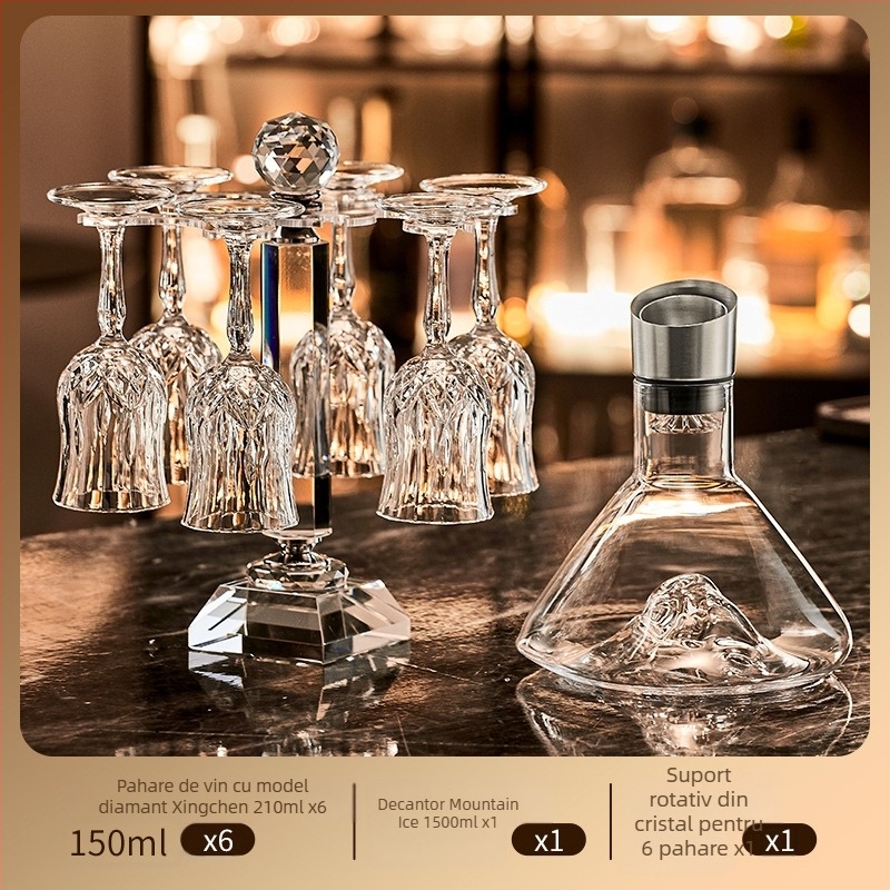 Set de pahare de vin din cristal cu decantator, 6 piese, marca Green Apple, stil lux ușor-retro, cu suport pentru pahare