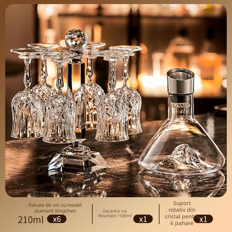 Set de pahare de vin din cristal cu decantator, 6 piese, marca Green Apple, stil lux ușor-retro, cu suport pentru pahare