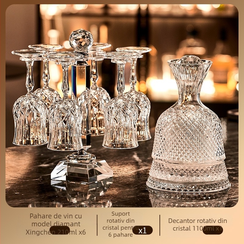 Set de pahare de vin din cristal cu decantator, 6 piese, marca Green Apple, stil lux ușor-retro, cu suport pentru pahare