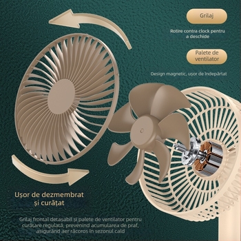 Ventilator USB de birou cu 4 viteze, motor brushless, baterie încorporată 1200-2000mAh, zgomot redus sub 36 dB, potrivit pentru 5–30 m²