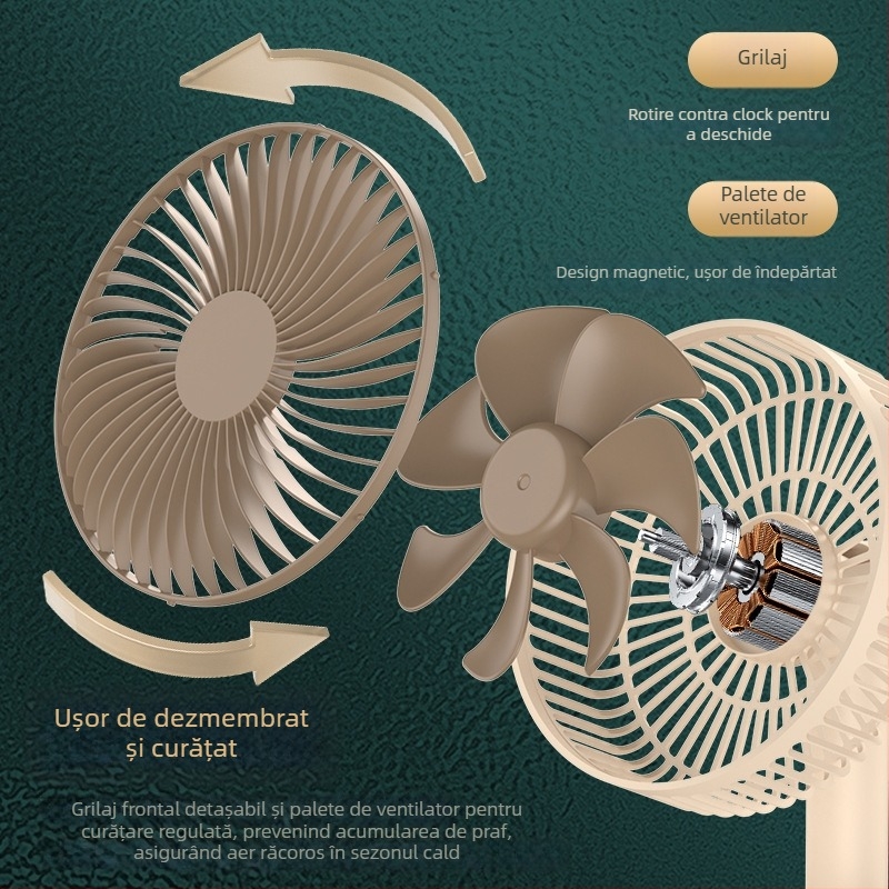 Ventilator USB de birou cu 4 viteze, motor brushless, baterie încorporată 1200-2000mAh, zgomot redus sub 36 dB, potrivit pentru 5–30 m²