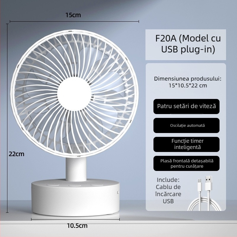 Ventilator USB de birou cu 4 viteze, motor brushless, baterie încorporată 1200-2000mAh, zgomot redus sub 36 dB, potrivit pentru 5–30 m²