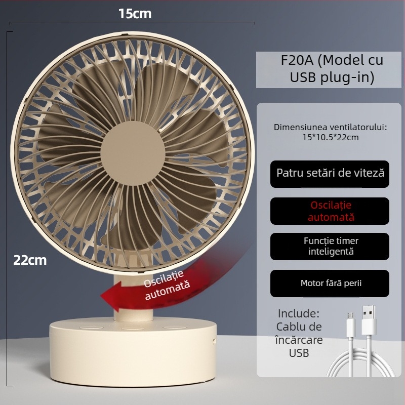 Ventilator USB de birou cu 4 viteze, motor brushless, baterie încorporată 1200-2000mAh, zgomot redus sub 36 dB, potrivit pentru 5–30 m²