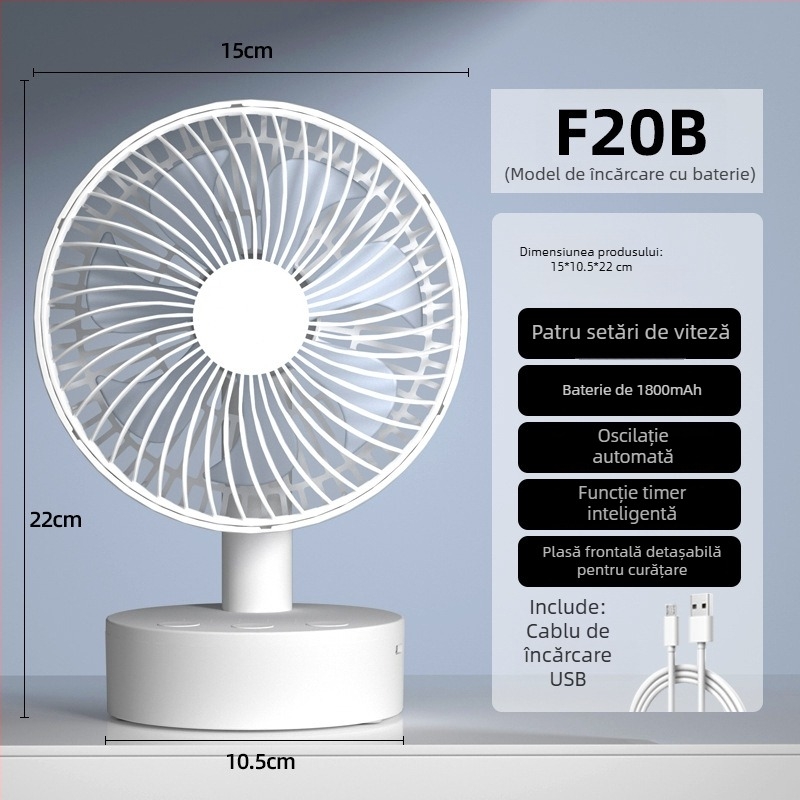 Ventilator USB de birou cu 4 viteze, motor brushless, baterie încorporată 1200-2000mAh, zgomot redus sub 36 dB, potrivit pentru 5–30 m²