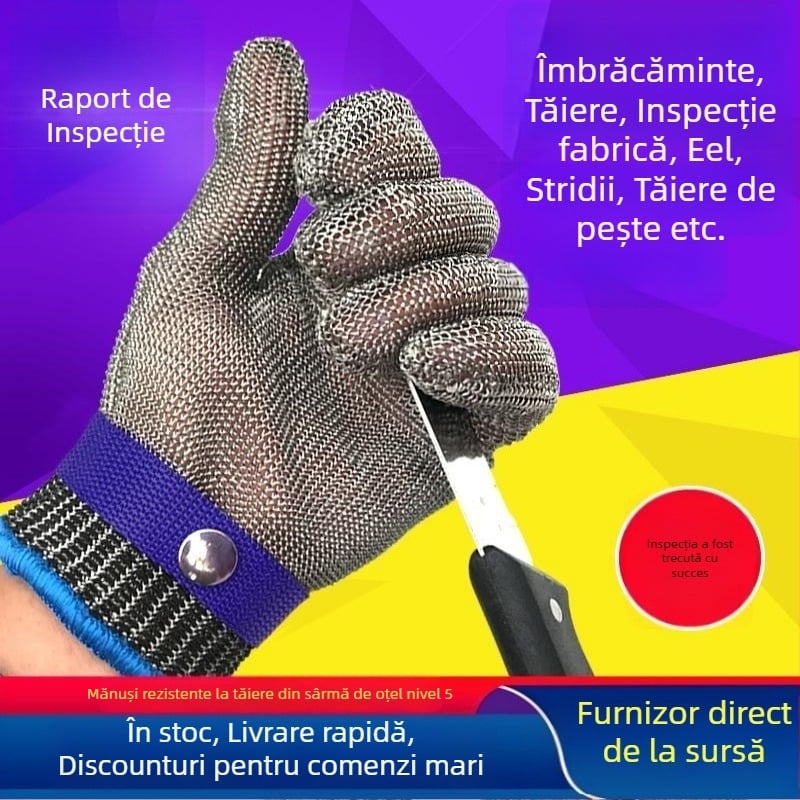 Mănuși rezistente la tăiere din oțel inoxidabil 316L, țesătură cu sârmă metalică, rezistență la abraziune 5, rezistență la tăiere 5, pentru tăiere, sacrificare și prelucrare metalică