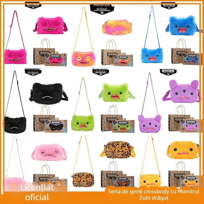 Geantă crossbody din pluș Fuggler — Monstru drăguț cu dinți, Design desen animat, pluș scurt, Material: poliester, Umplutură: PP bumbac, 14+