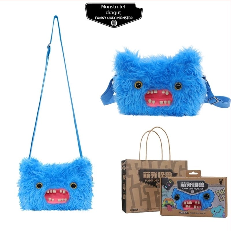 Geantă crossbody din pluș Fuggler — Monstru drăguț cu dinți, Design desen animat, pluș scurt, Material: poliester, Umplutură: PP bumbac, 14+