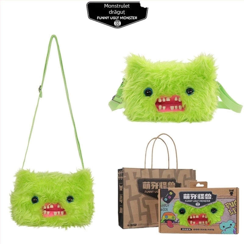 Geantă crossbody din pluș Fuggler — Monstru drăguț cu dinți, Design desen animat, pluș scurt, Material: poliester, Umplutură: PP bumbac, 14+