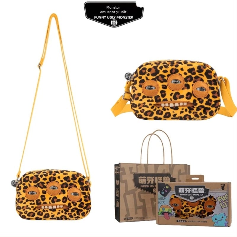 Geantă crossbody din pluș Fuggler — Monstru drăguț cu dinți, Design desen animat, pluș scurt, Material: poliester, Umplutură: PP bumbac, 14+