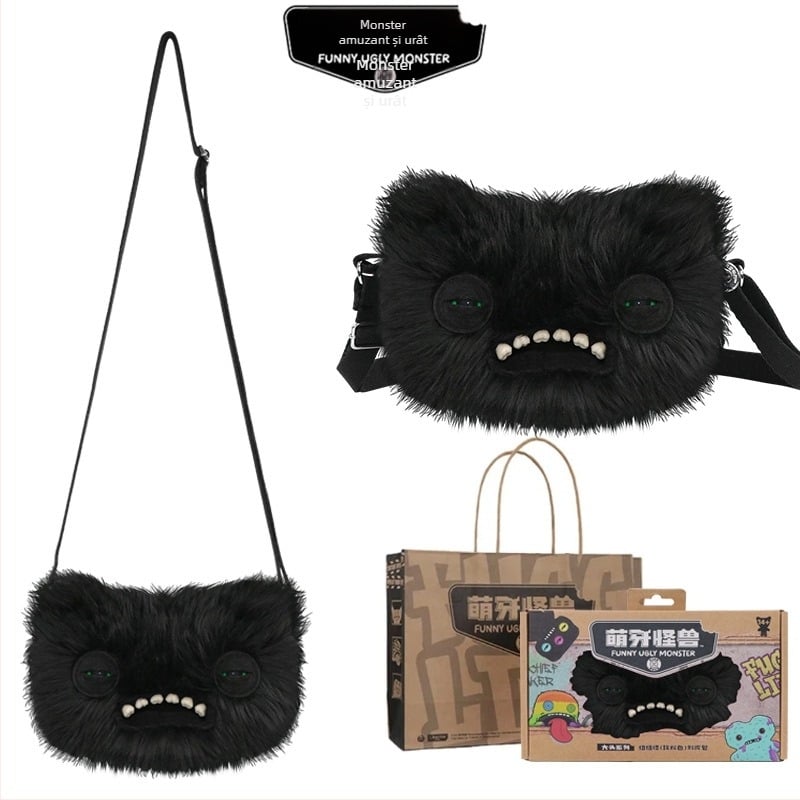 Geantă crossbody din pluș Fuggler — Monstru drăguț cu dinți, Design desen animat, pluș scurt, Material: poliester, Umplutură: PP bumbac, 14+