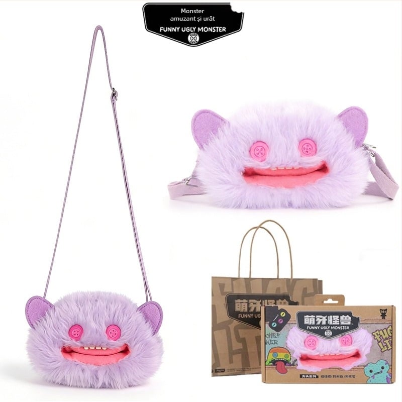 Geantă crossbody din pluș Fuggler — Monstru drăguț cu dinți, Design desen animat, pluș scurt, Material: poliester, Umplutură: PP bumbac, 14+
