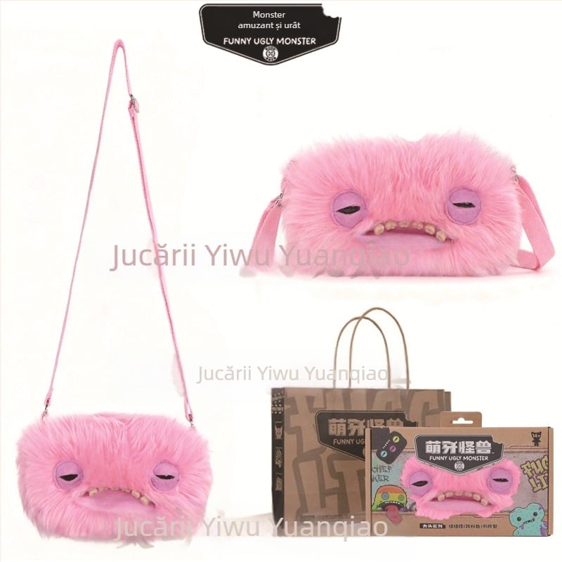 Geantă crossbody din pluș Fuggler — Monstru drăguț cu dinți, Design desen animat, pluș scurt, Material: poliester, Umplutură: PP bumbac, 14+